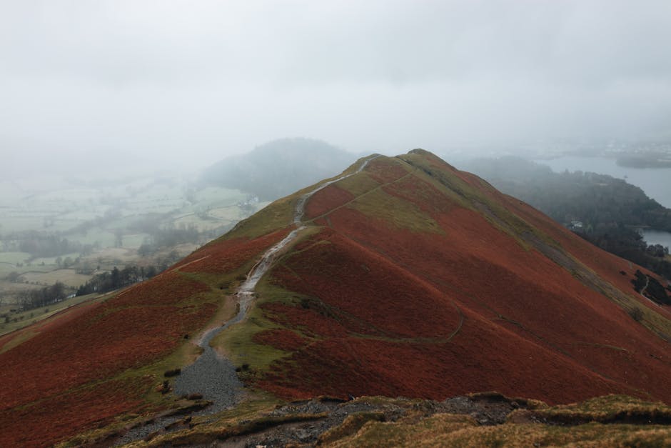 Explore the misty paths of Cat Bells overlooking the serene landscapes of Cumbria, England.